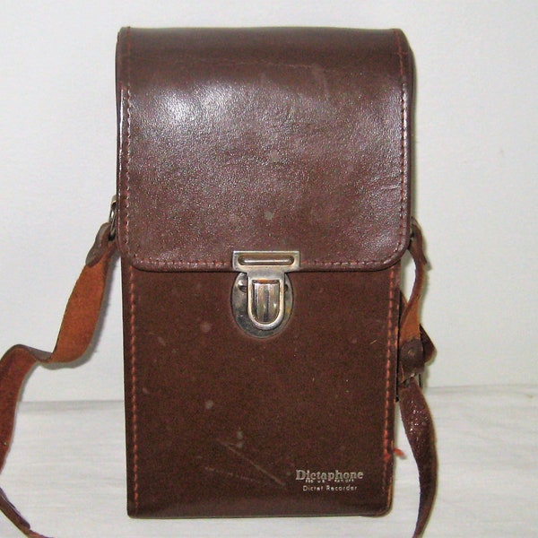 Vintage leather case, Dictaphone, shoulder crossbody strap, rustic distressed, mid century 40s 50s, repurposed handbag, camera phone case