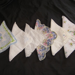 Collection of 6 women&#39;s handkerchiefs, vintage ladies hankies, shades of blue floral handkerchiefs, white embroidered, pink yellow tulips