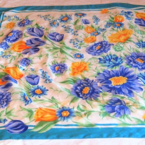 Vintage square neck scarf, designer Jacklyn Smith head scarf, turquoise purple green floral, spring flowers tulips daisies, summer scarf 70s