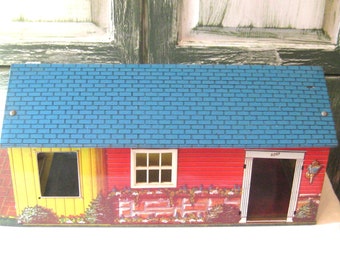 Antique metal doll house, tin 3 room ranch style, Wolverine Toys, made in Arkansas USA, rustic missing parts, mid century MCM 50s 60s