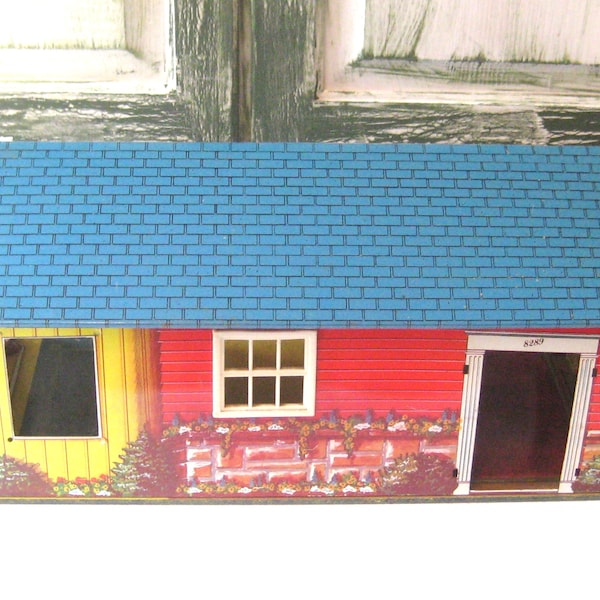 Antique metal doll house, tin 3 room ranch style, Wolverine Toys, made in Arkansas USA, rustic missing parts, mid century MCM 50s 60s