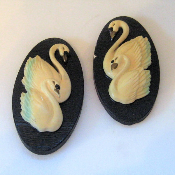 Pair of swan plaques, ceramic plaster plaques, bathroom decor, chalkware wall hanging decor, 1965 Miller Studio, mid century, 1960s