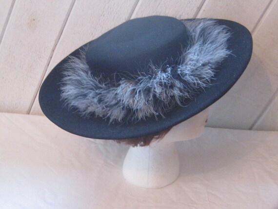 Wide brim black wool hat with ostrich feathers, t… - image 3