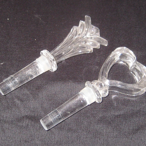 Pair of glass bottle stoppers, ornate lead crystal, made in Austria, Large plume Sydney, heart shape, Towle Silver Co., 70s 80s rare unique