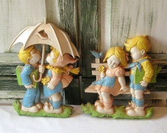 Vintage baby toddler kids wall hanging decor, little boy girl umbrella school books figural childs wall art, Homco 1970s, blue bird bench