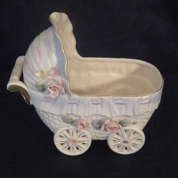 Antique ceramic white stroller indoor planter, cradle basinet baby nursery room decor, porcelain capodimonte 3D flowers roses, Victorian 40s