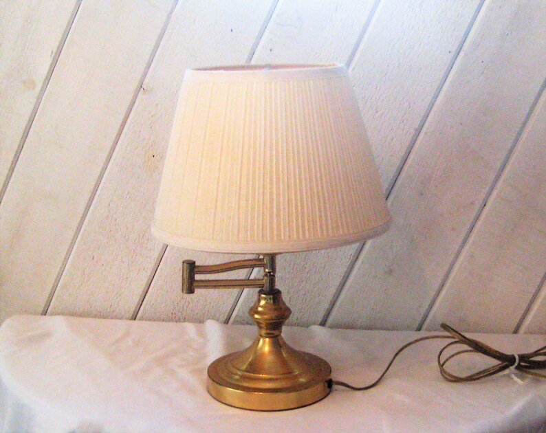 Vintage Brass Swing Table Lamp Reading Task Ivory Fabric Pleated Shade Office Bedroom Craft Room 1970s