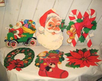 ONLY stocking left Vintage cardboard NOS Christmas dye cut outs wall hangings, double sided window hangings, selling separately MCM 50s 60s