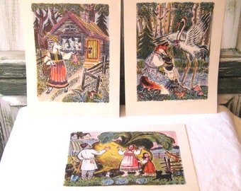 Vintage Russian fairytale drawings, National folk tales, stork wolf, goats, large turnip old couple, copy of colored chalk drawings signed