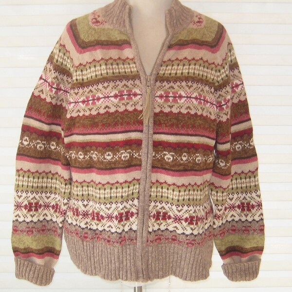 Vintage women's cardigan sweater, zip up front, striped ski sweater beige avocado green red, 2004 ramie cotton, size large extra large l XL