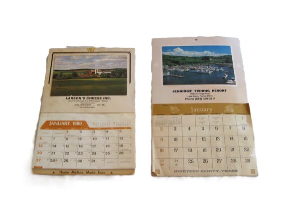 Vintage 1980s Wall Calendar, 1983 Jennings Fishing Resort