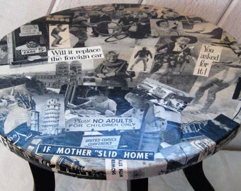 Black wood stool with decoupaged mid century pictures in black and white, Queen Anne legs, round sitting foot stool, 50s 60s bohemian OOAK