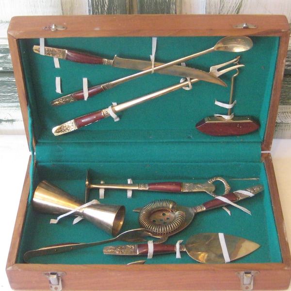 Antique boxed Asian barware set, solid brass wood, Keetech Bangkok Thailand, mid century, long fork knife spoon, shaker strainer ice pick