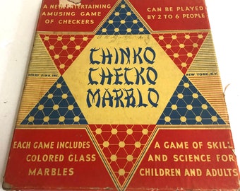 Vintage Chinese Checkers board game, Chinko Checko Marblo, red blue yellow cardboard box, mid century, family game room night, glass marbles