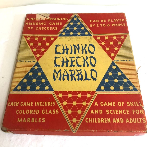 jeu de société vintage Chinese Checkers, Chinko Checko Marblo, boîte en carton jaune bleu rouge, milieu du siècle, nuit de salle de jeux familiale, billes de verre