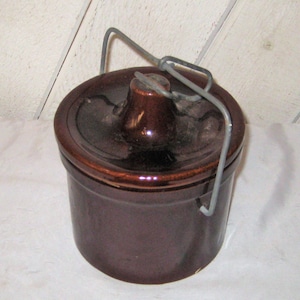 Brown glazed crock jar, stoneware jar, heavy pottery lidded jar, metal locking lid, antique ceramic container, farmhouse decor