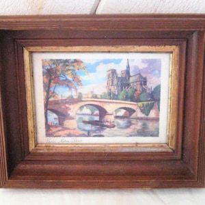 Vintage print Notre Dame Paris, petite small wall hanging decor, rustic wood frame, primitive mid century 50s 60s, French France cityscapes