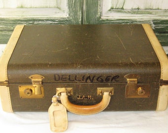 Antique leather bound edge suitcase, train case, carry on luggage, brown beige, rustic primitive overnight bag, depression era 20s 30s