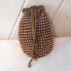 Bolso con cordón de cuentas, cuentas de vidrio beige brillante, bolso de mano marrón chocolate, bolsos y carteras, mediados de siglo, años 50 y 60, bolso de noche formal poco común