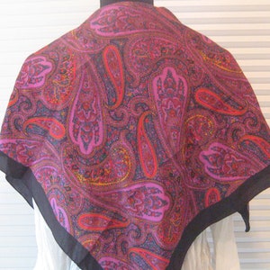 Vintage square neck scarf, paisley fall autumn scarf, black gold purple fuchsia red colorful, 70s 80s boho hippie bohemian