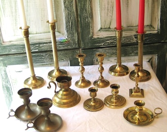 Vintage brass candlestick holders, gold metal taper candleholder, square round base,  tarnished brass with handles bohemian decor 70s 80s