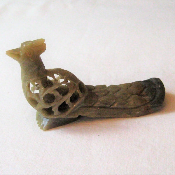 Vintage hand carved stone bird, green onyx soap stone, exotic bird peacock, 1970s decor, boho hippie bohemian eclectic made in India, OOAK