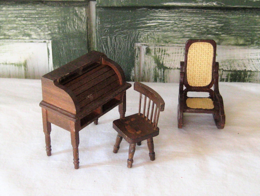 Vintage Doll House Furniture, Wood Roll Top Desk Chair, Wooden Bentwood