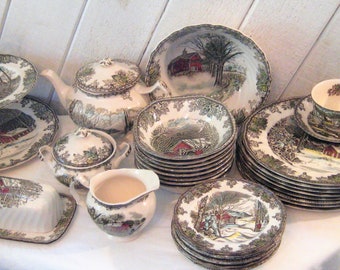 Vintage plates cups saucers, teapot creamer sugar salad dessert serving bowls tiered dessert stand, England Johnson Bros Friendly village