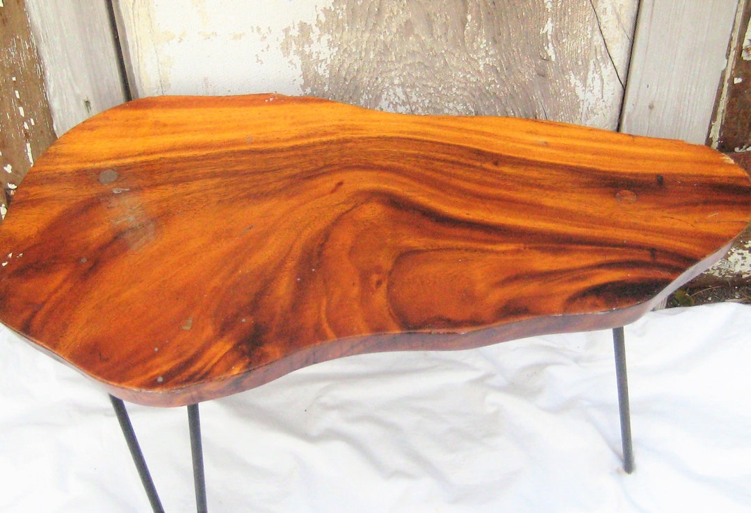 Antique Curved Wood Coffee Table, Black Metal Cast Iron Hairpin Legs, Vintage Hand Made, MCM Mid