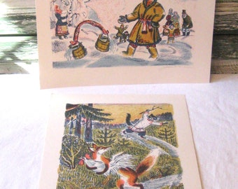 Vintage Russian Folk Tale chalk drawings, fairytale drawings copy, cat chasing fox with chicken, old time people dropping water buckets