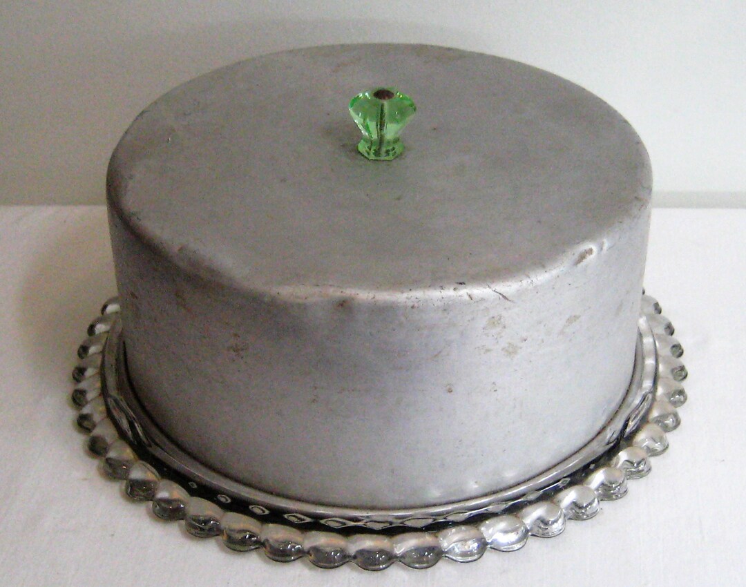 Antique Aluminum Covered Cake Plate, Green Glass Knob, Hob