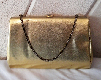 Gold vinyl clutch with chain top handle, formal evening bag, small petite gold purse, tuck in handle, mid century, 50s 60s, brides bridal