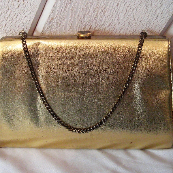 Gold vinyl clutch with chain top handle, formal evening bag, small petite gold purse, tuck in handle, mid century, 50s 60s, brides bridal