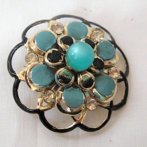 Vintage circle turquoise brooch, round black scalloped floral brooch, gold tone, rhinestones, aqua blue, mid century lapel pin, 1950s