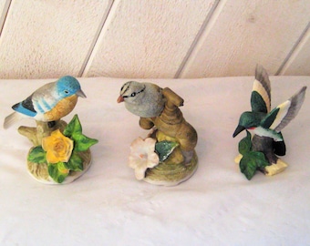 Vintage bird statue, green hummingbird, blue bird, gray wren, 1997, porcelain bird figurines, collectible
