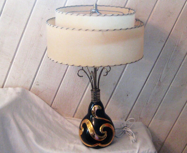 Black Gold Mid Century Modern Table Lamp Double Tiered Drum Shade Two Atomic Brass Metal Mcm New Wiring 1950s