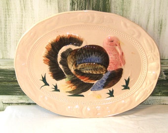 Assiette de dinde antique, plateau de service de dinde extra large MCM, dinde colorée en relief, milieu des années 50 et 60, décor de Thanksgiving