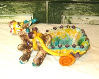 Antique donkey pulling cart indoor planter, bright colors yellow turquoise abstract, mid century 50s 60s, made in Italy, Italian pottery