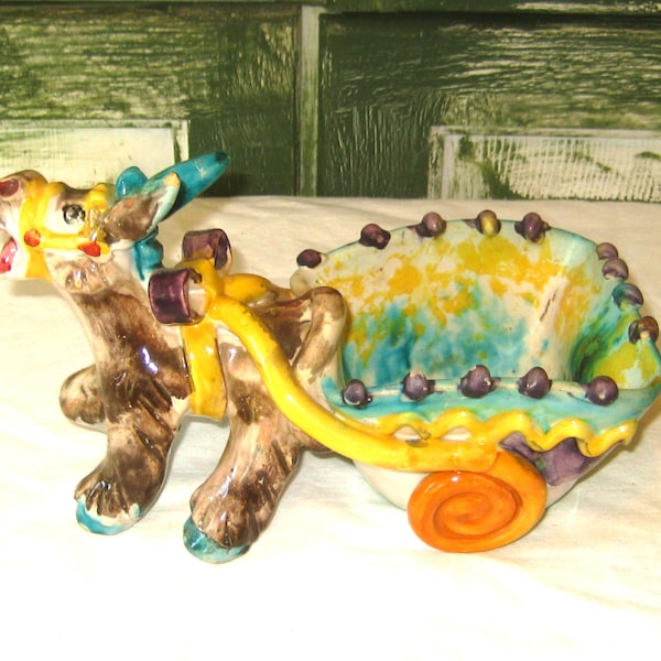 Antique donkey pulling cart indoor planter, bright colors yellow turquoise abstract, mid century 50s 60s, made in Italy, Italian pottery