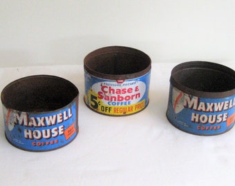 Antique coffee cans, Maxwell House Chase & Sanborn, rusty metal can, blue white orange, rustic, mid century, vintage coffee bar, coffee tin