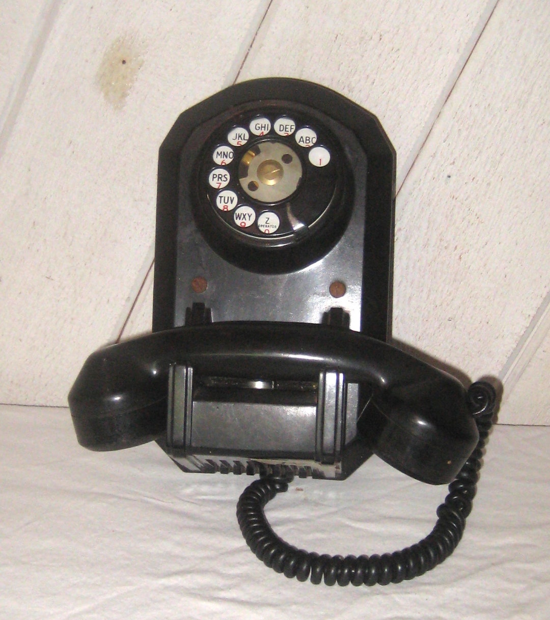 Antique Black Wall Telephone, MCM Bakelite Rotary Dial Phone, Mid