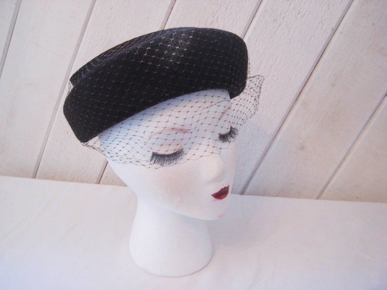 Brown wool pill box hat Henry Pollack mid century wool hat funeral hat formal hat net veiled hat Church Sunday hat grieving hat