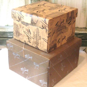 Par de sombrereras cuadradas vintage, cajas de sombreros MCM Union, marrón beige de mediados de siglo 50s 60s, almacenamiento en armario, no perfecto