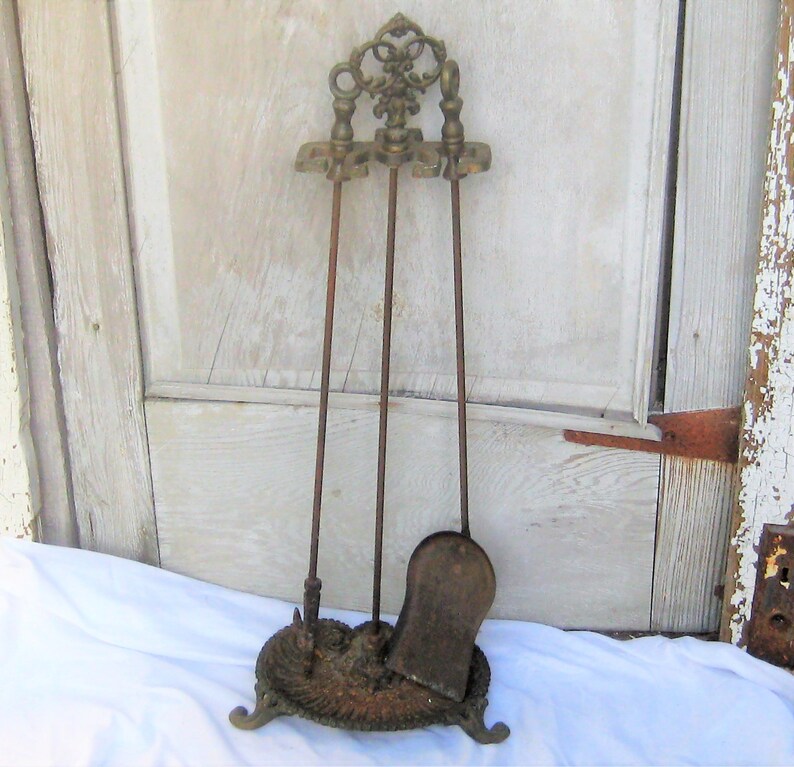 Antique fireplace tool stand set ornate stand with feet indoor poker shovel cast iron Victorian mid century fireplace decor rusty metal