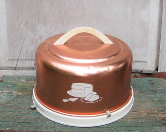 Vintage Copper cake cover and platter, Mirro, aluminum white base, lazy susan turn, metal domed lid serving platter, mid century 50s 60s