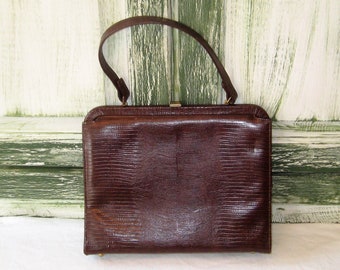 Vintage brown lizard handbag, top handle leather bag, mid century 40s 50s 60s, reptile purse, formal everyday handbag, hard box purse