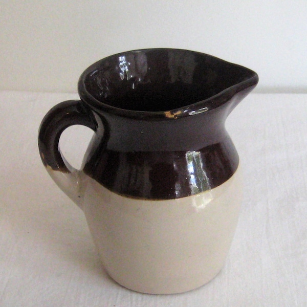 Antique Brown glazed stoneware creamer, small crock pitcher, ivory, country farmhouse kitchen decor, mid century 40s 50s, made in USA