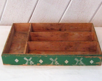 Wood divided draw, repurposed wall shelf for miniature display, solid wooden utensil storage, green white windmills, mid century 40s 50s