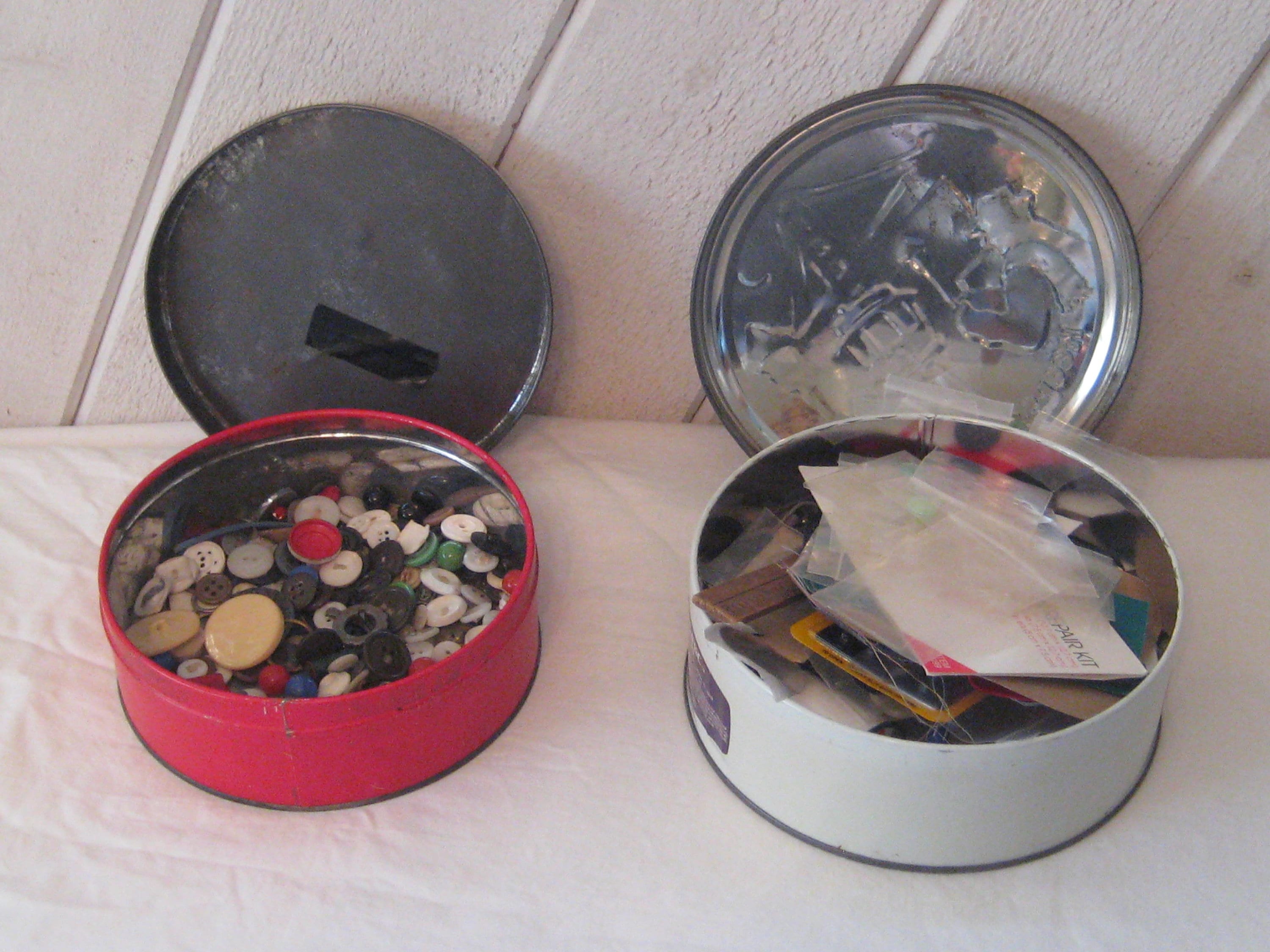 Vintage Round Tin Box Filled With Buttons, Blue Christmas