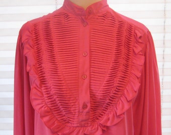 Vintage bright pink button blouse, long sleeve tailored top, high band neck, ruffled bodice, gathered shoulders, medium, polyester